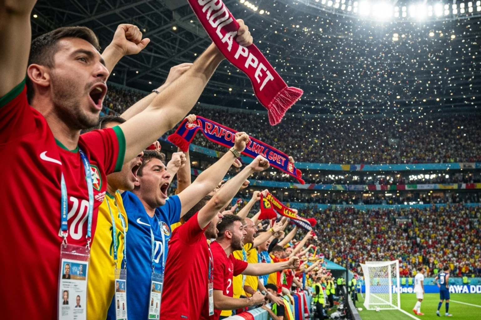 Football supporters in a stadium erupting in celebration after a World Cup group stage upset result