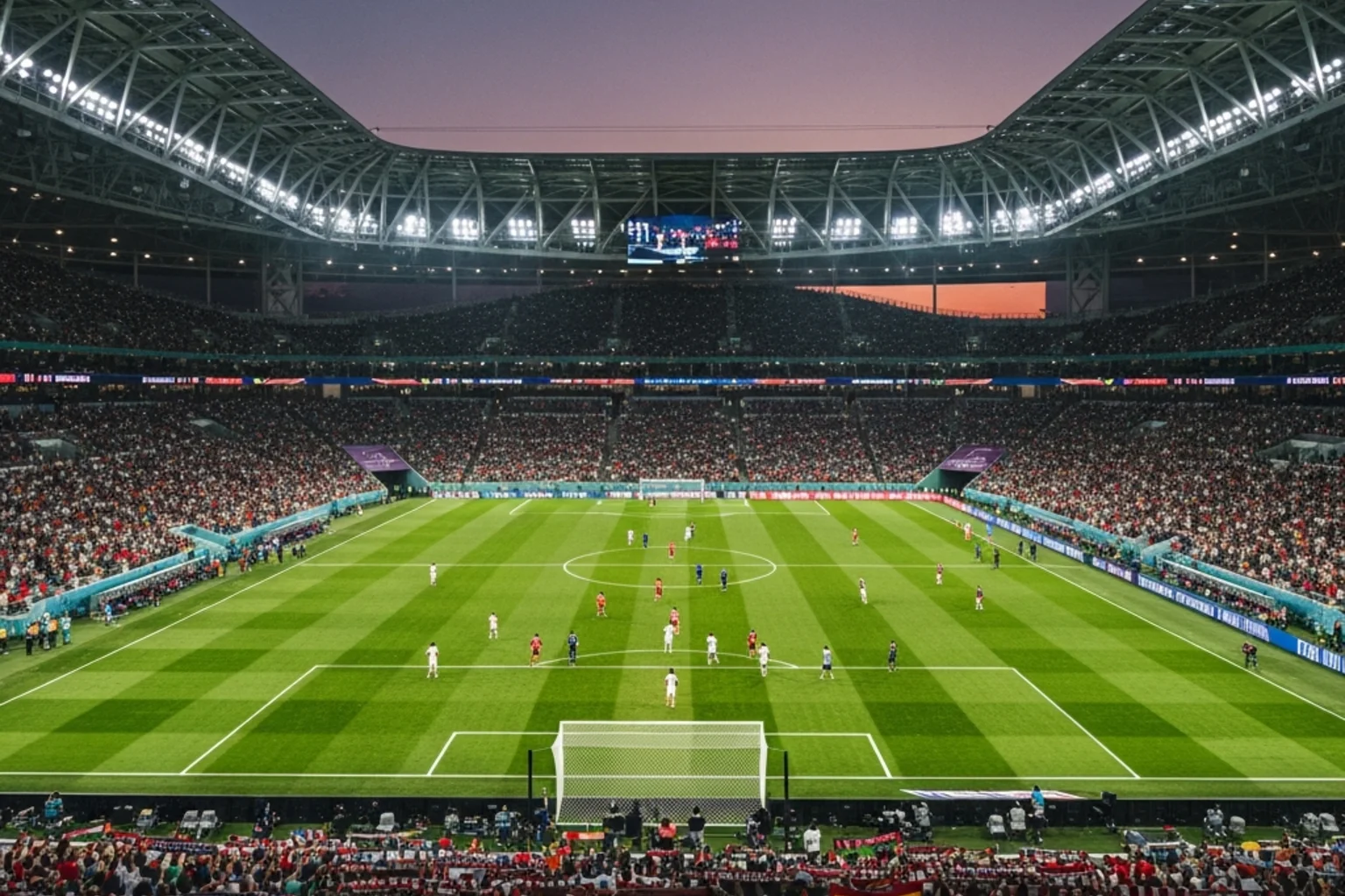 Football stadium packed with fans during a 2026 FIFA World Cup group stage match under floodlights