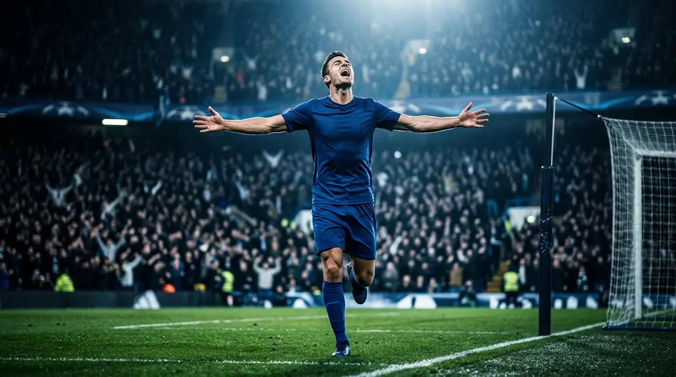 A striker in blue celebrating a goal with arms outstretched under stadium lights