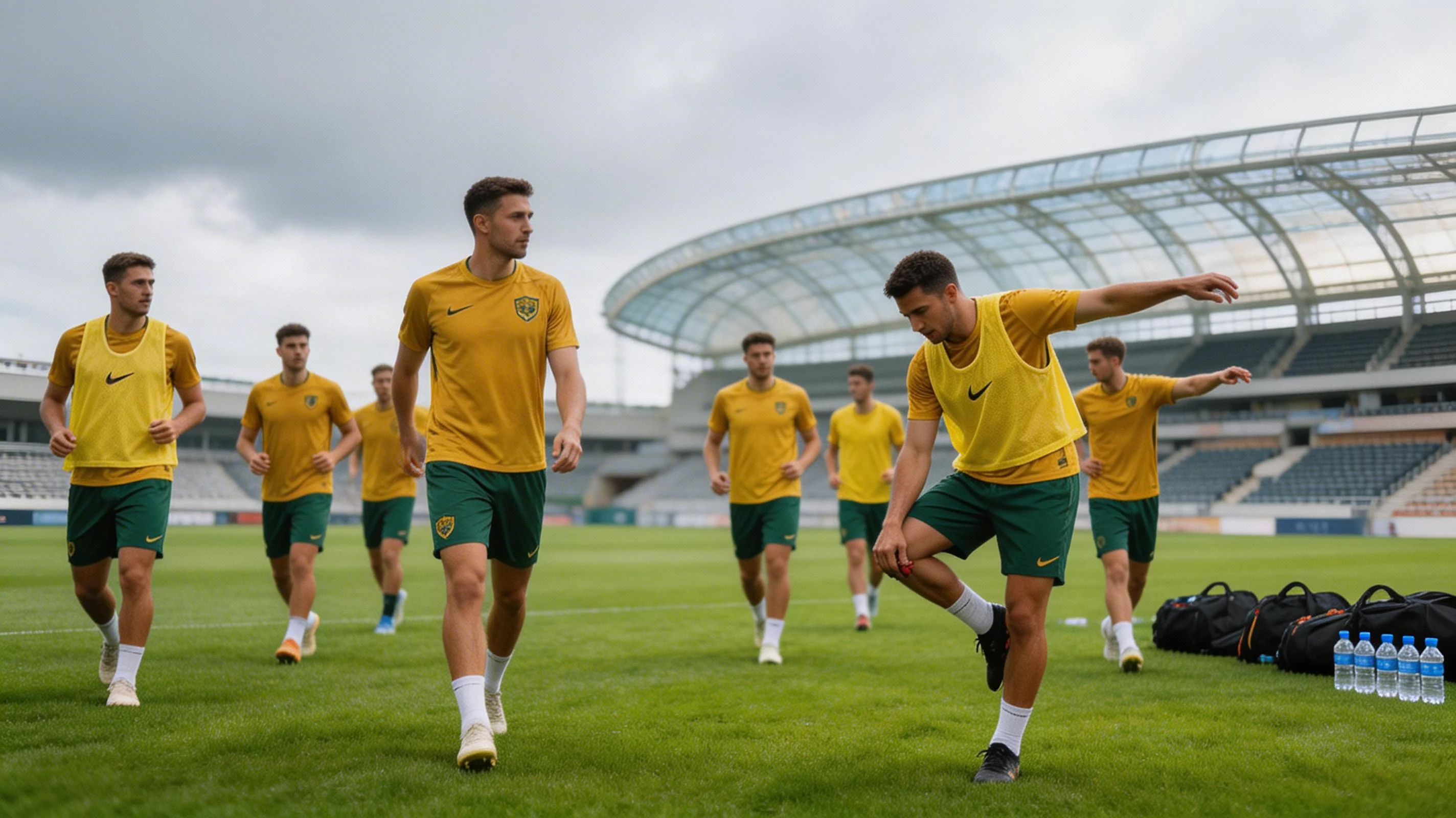 Australian national football team players in gold jerseys warming up on the pitch before a World Cup qualifier