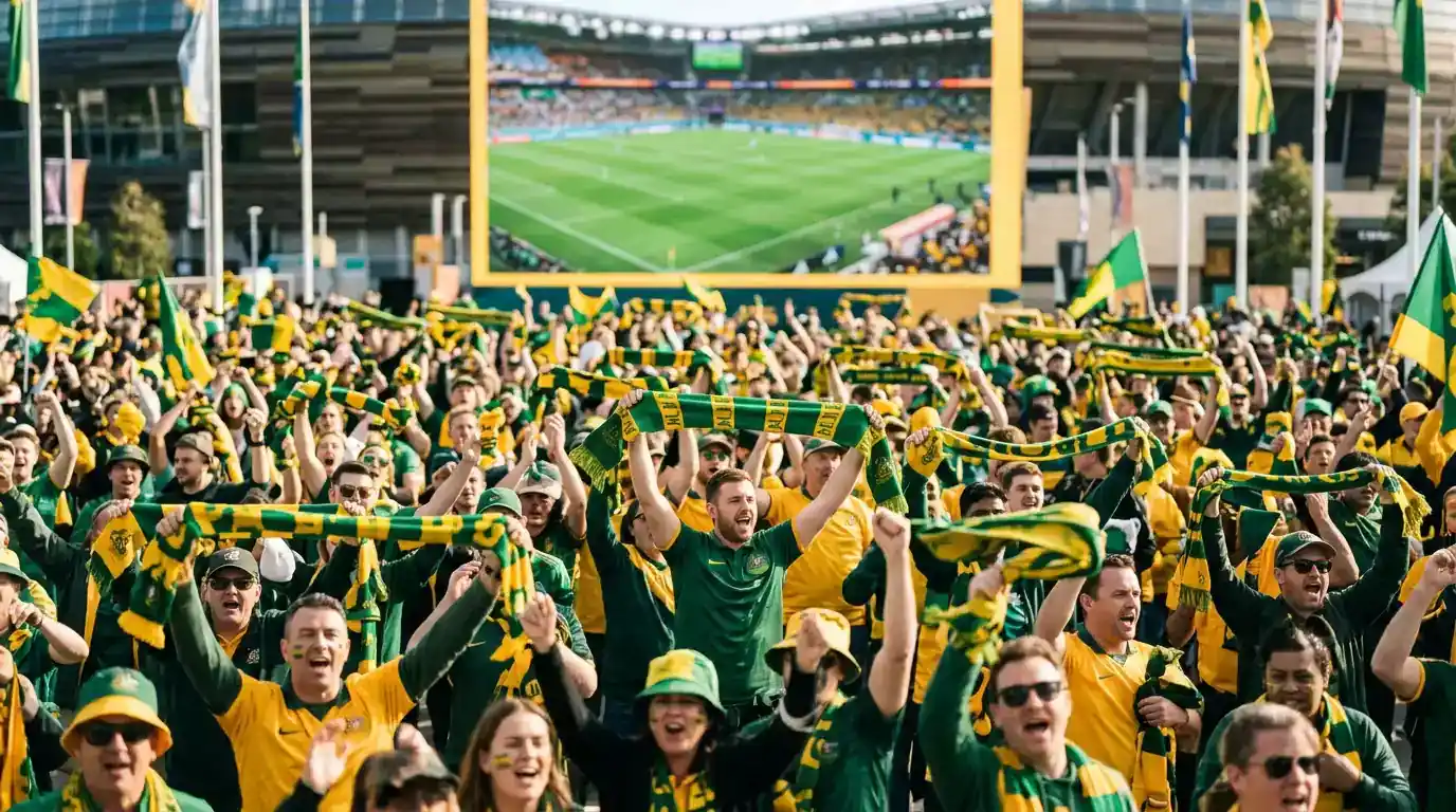 Socceroos fans in green and gold watching a World Cup match