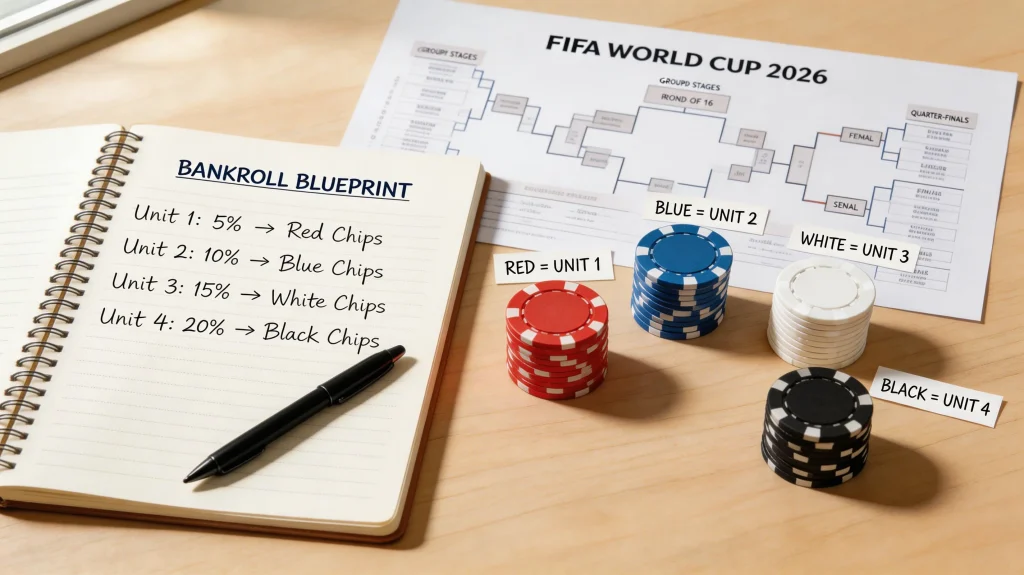 Bankroll management strategy visualised for the 39-day 2026 FIFA World Cup tournament