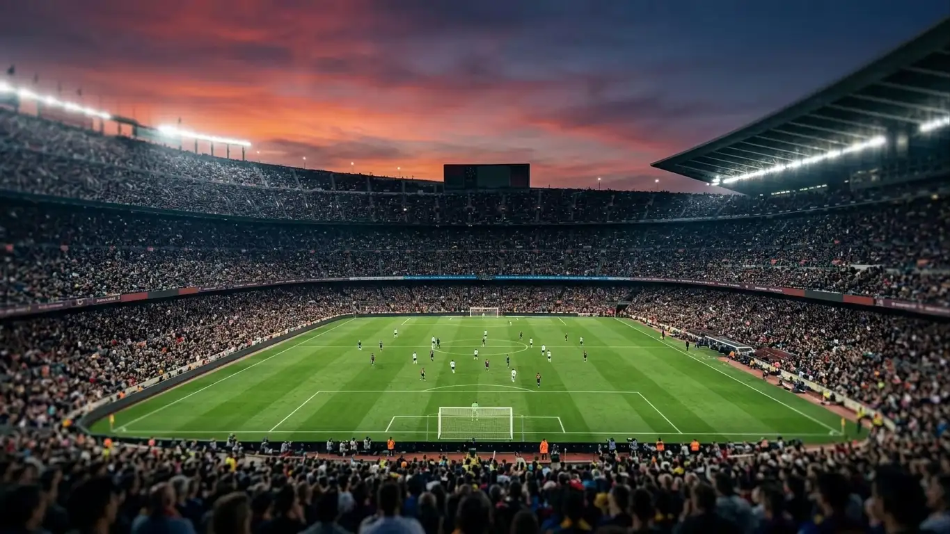 A packed stadium at dusk with the World Cup final in progress under floodlights