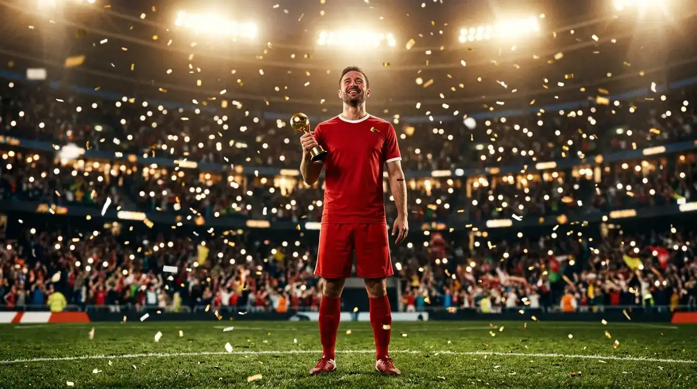 Spain midfielder holding the World Cup 2026 Golden Ball trophy on the pitch