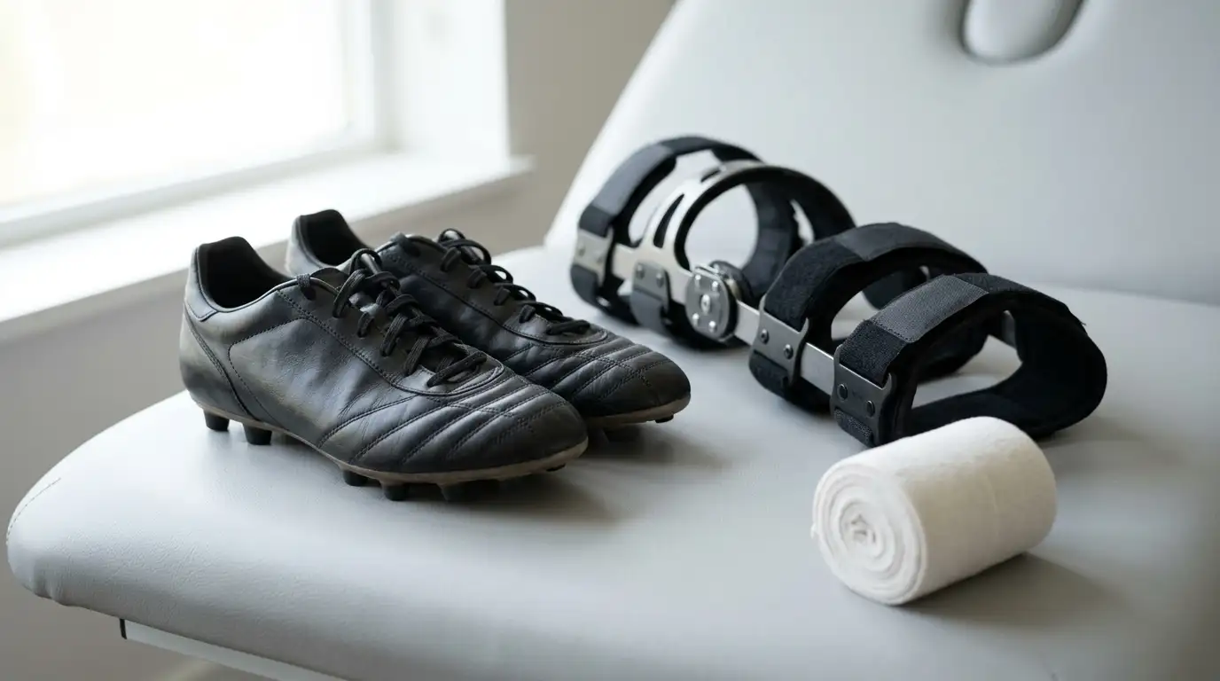 Football boots and a knee brace on a physio table symbolising an ACL comeback