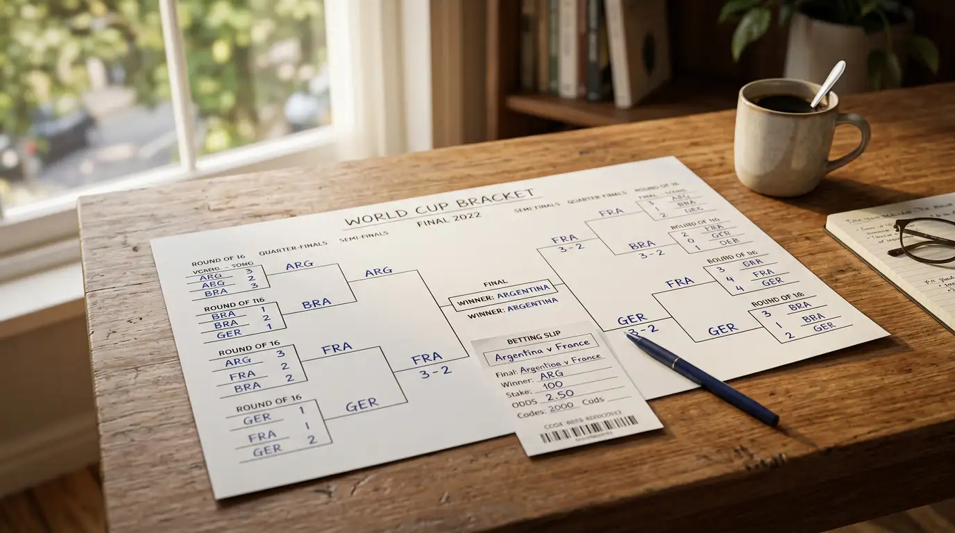 A betting slip and coffee on a table with a football tournament bracket in the background
