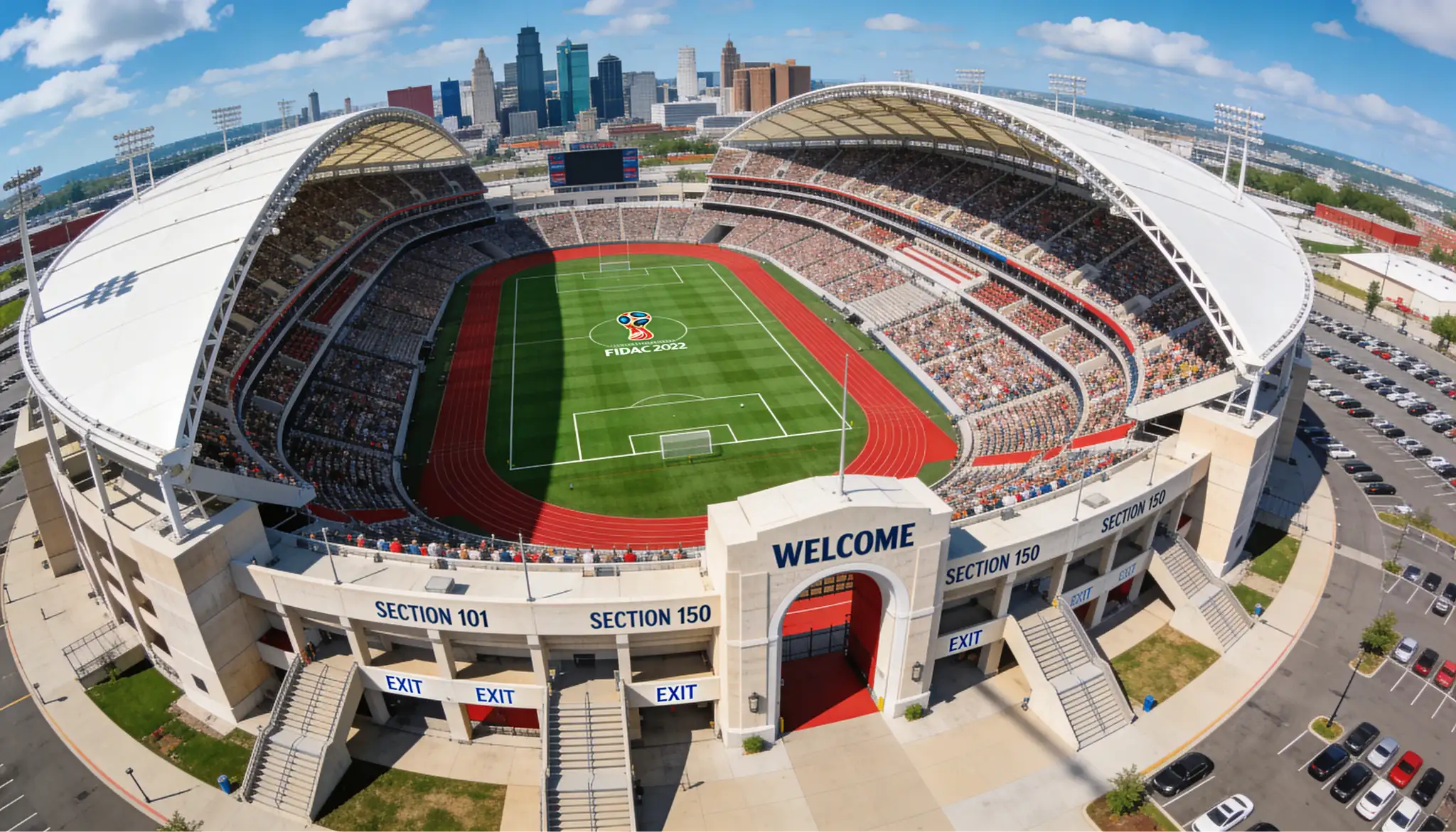 Aerial view of a modern American football stadium converted for World Cup 2026 football matches with a green pitch and packed stands
