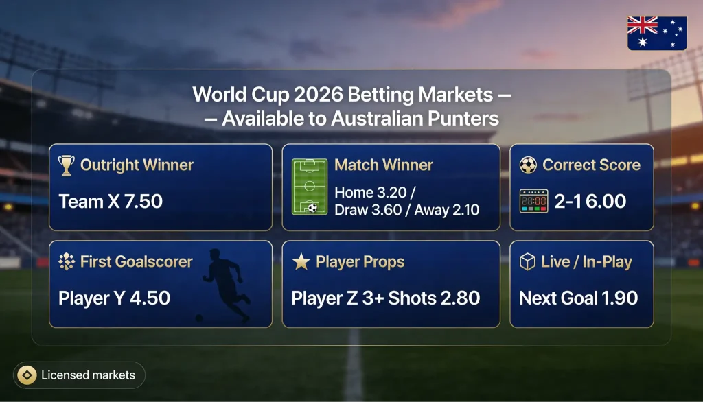 Visual breakdown of World Cup 2026 betting markets available to Australian punters