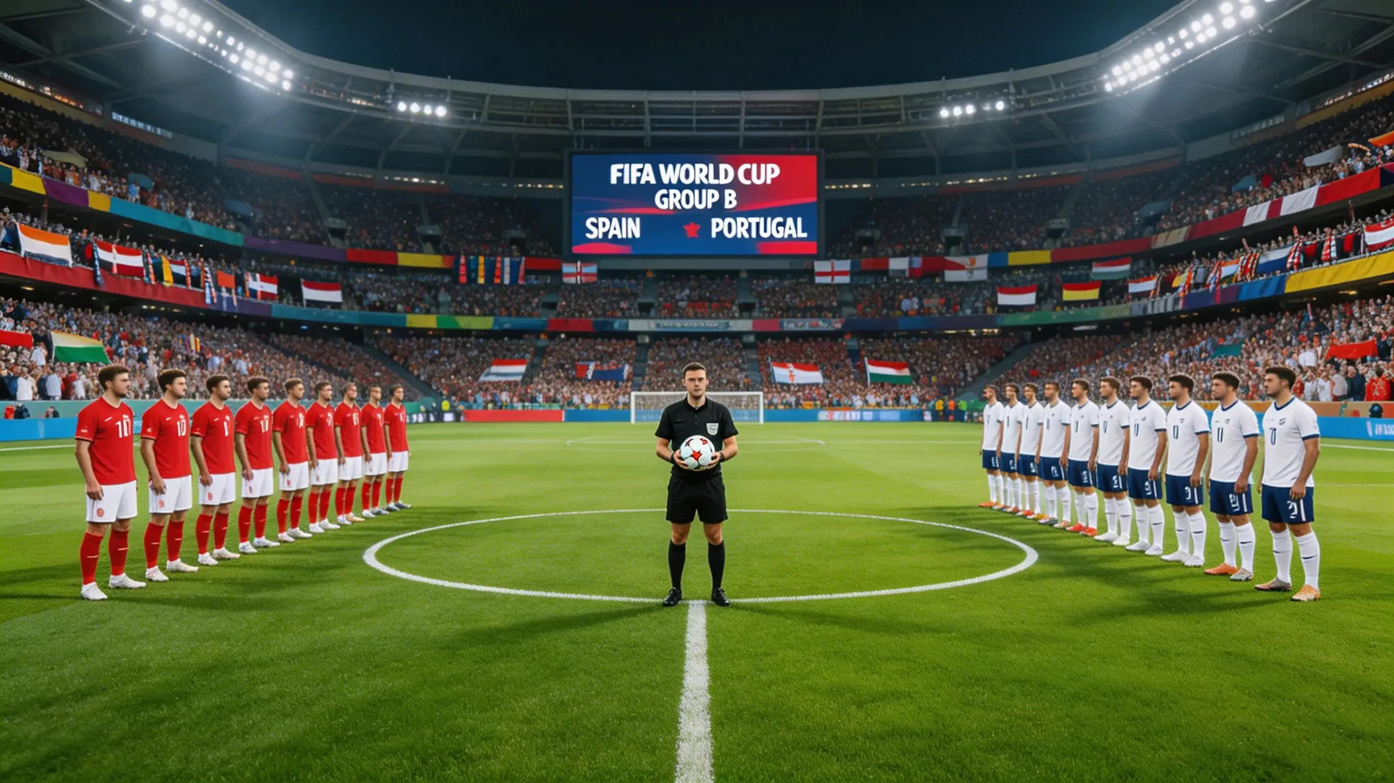 Two national football teams lining up on the pitch before a World Cup 2026 group stage fixture in a packed stadium