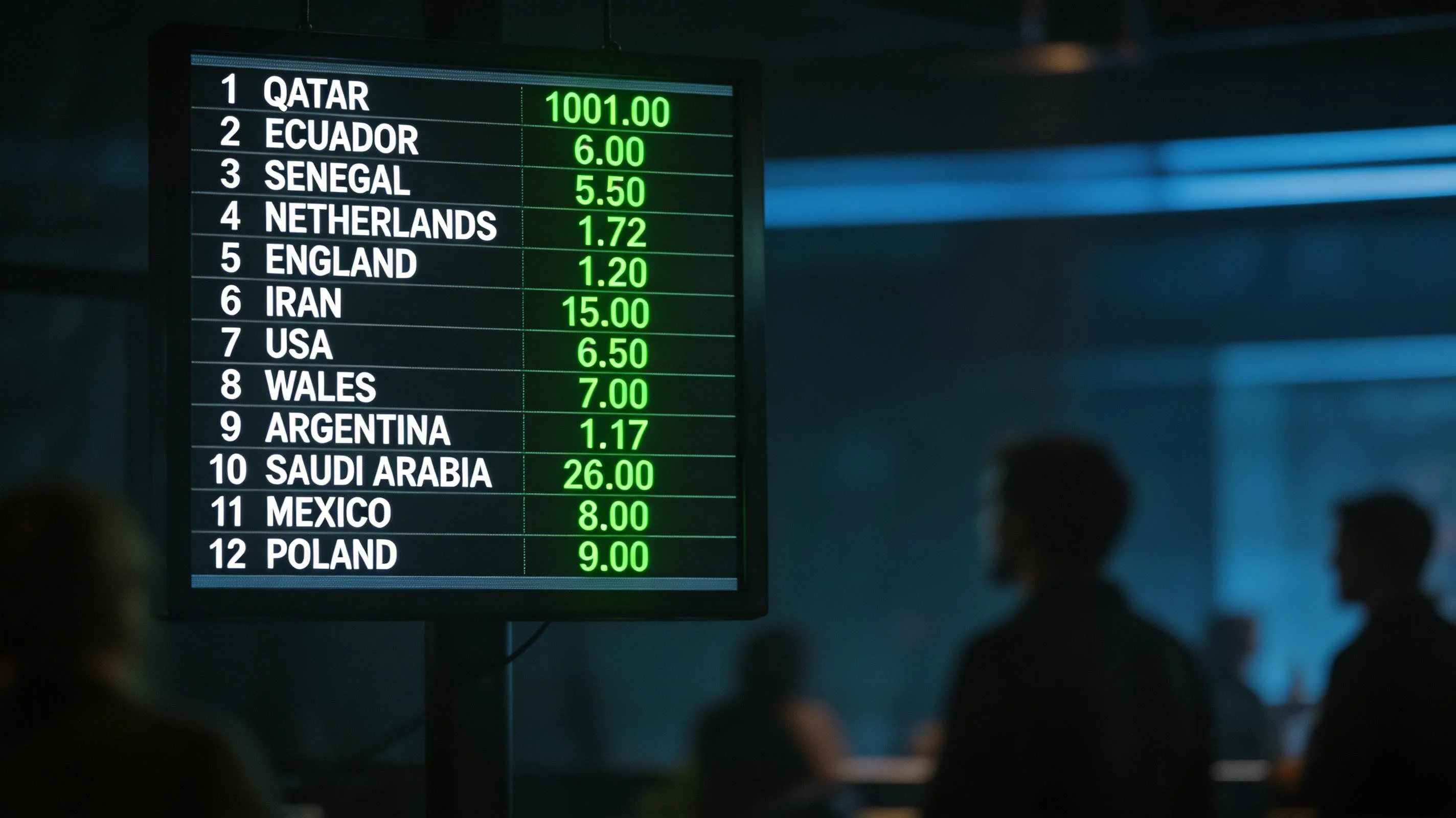 Close-up of a bookmaker odds display board showing decimal World Cup 2026 outright winner prices